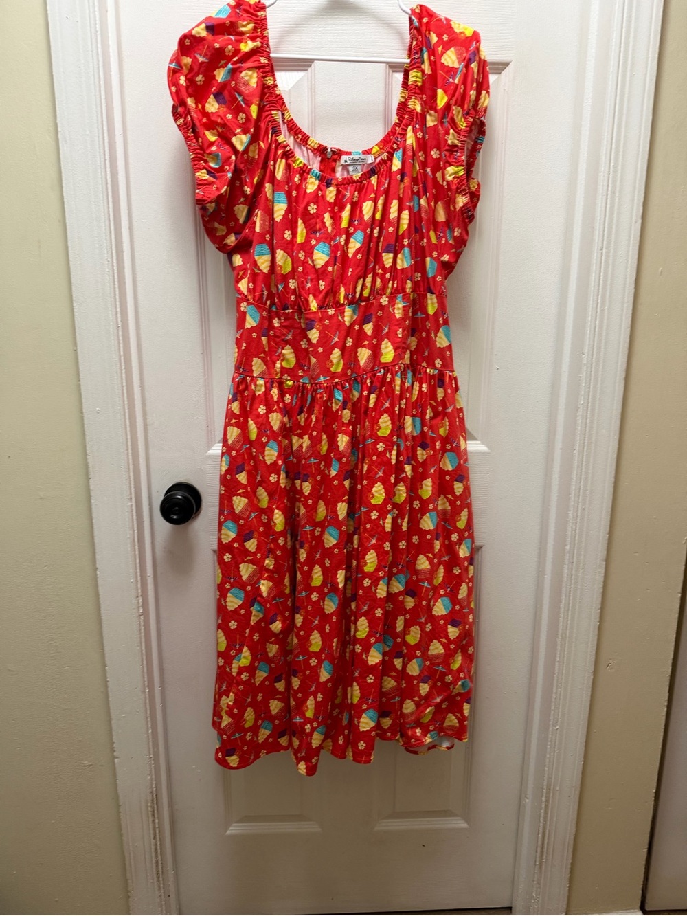 Disney Red Short-Sleeve Printed Casual Dress with Yellow & Blue Accents